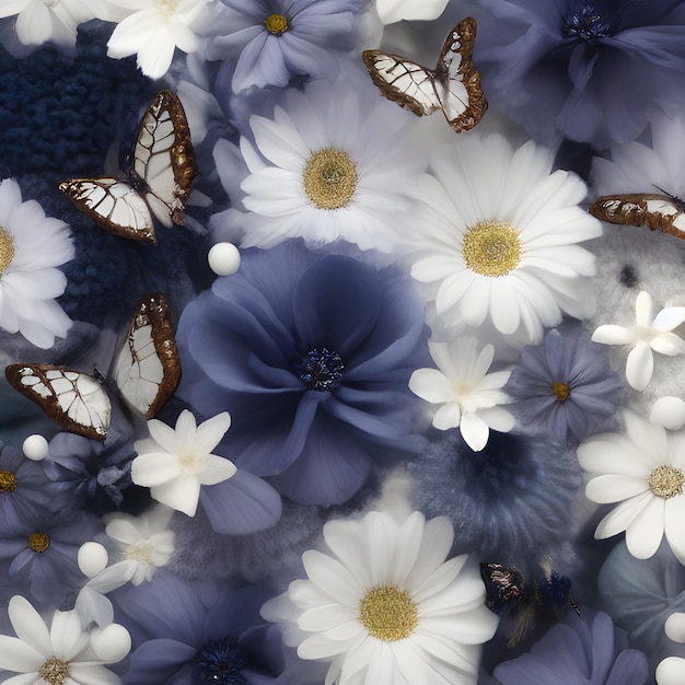 Blumenillustration nahtloser Schmetterling abstraktes Muster blumiger zufälliger Hintergrund blau weiße Farbe modernes Design Dekoration digitaler Druck Tapeten Stoff