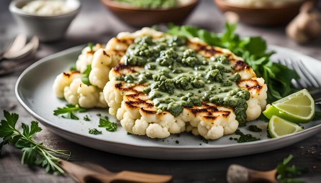 Blumenkohlsteaks mit Kräutersauce und Gewürzpflanzen als Fleischersatz