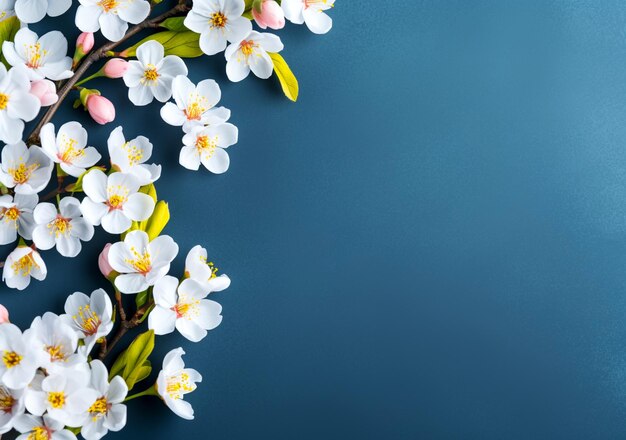 Blumenkomposition auf pastellblauem Hintergrund Frühlings-Osterkonzept flache Lage von oben