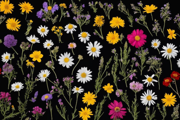 Blumenkomposition Farbige Wildblumen auf schwarzem Hintergrund Top-View Blumenabstrakt-Hintergrund