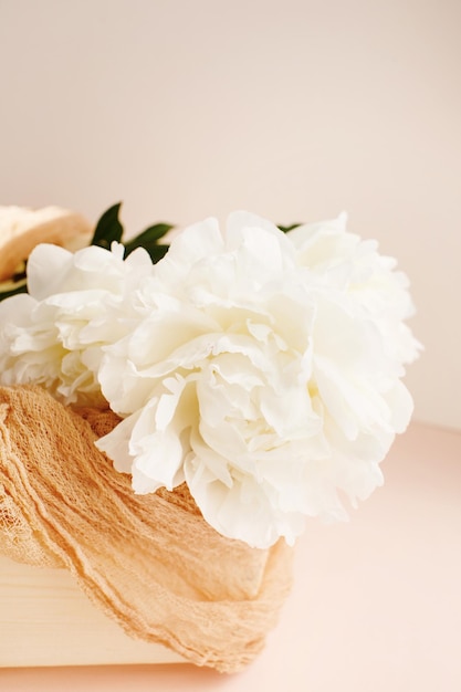 Foto blumenkomposition mit weißen pfingstrosen über pfirsichfarbenem hintergrund frühlingspastellfarben