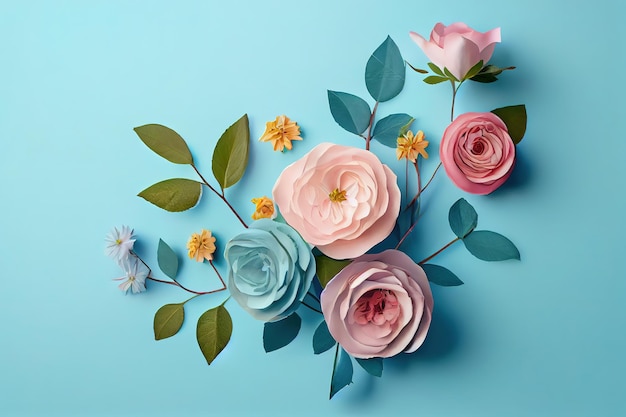Blumenkomposition Rosenblüten auf blauem Hintergrund Muttertag Generative Ai