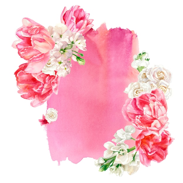 Blumenkomposition vor dem Hintergrund des rosa Aquarellflecks, lokalisiert auf Weiß. Handmalerei. Pastellfarben