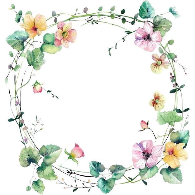 Blumenkrans mit bunten Blüten und grünen Kleeblümchen Aquarellbild AIG56