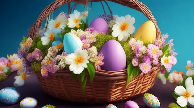 Blumenkrans um den Korb mit Eiern