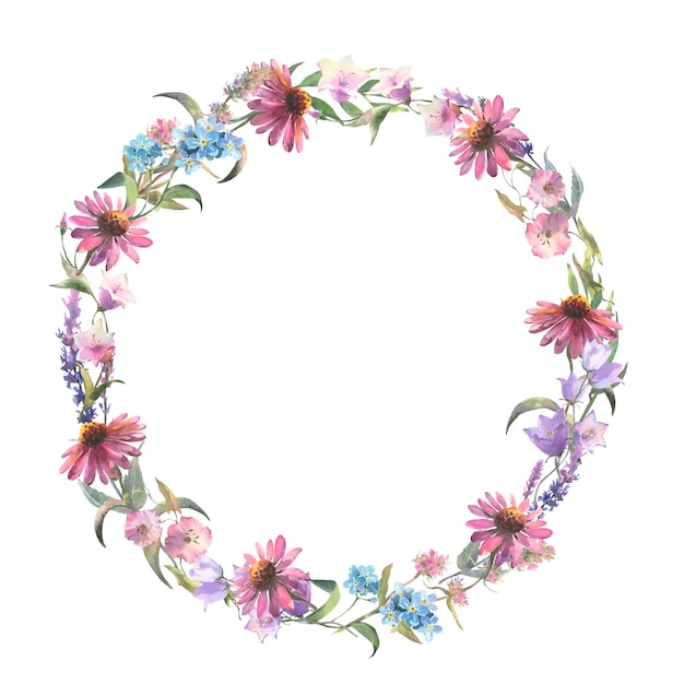 Blumenkranz Aquarell Feldblume runder Rahmen Wildblumen isoliert auf weißer Hintergrundwiese