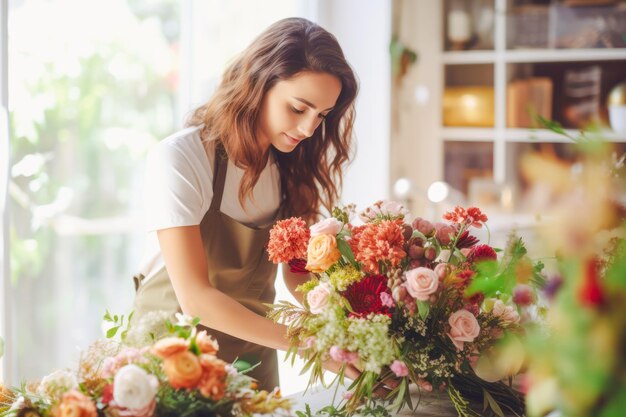 Blumenkunst Eine Frau mit einer Leidenschaft für Blumen betreibt einen Blumenladen, der atemberaubende Blumensträuße herstellt und ihr blühendes Geschäft leitet