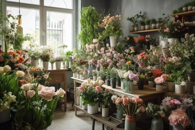 Blumenladen mit Anordnung von Blumen und anderen Pflanzen in Vasen und Töpfen