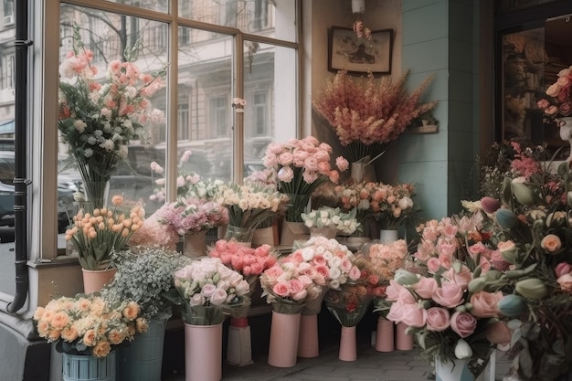 Blumenladen mit blühendem Strauß Frühlingsblumen und Pastellfarben