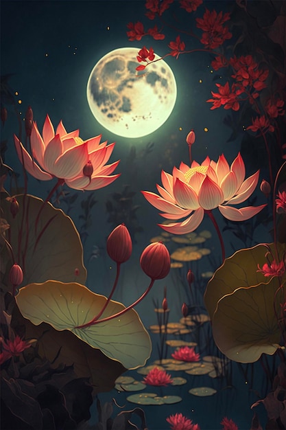 Blumenmalerei mit Vollmond im Hintergrund generative ai