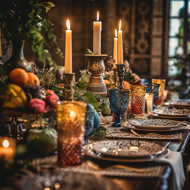 Blumenmuster für ein Abendessen an langen Tischen