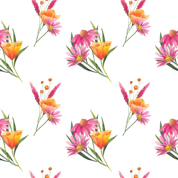 Blumenmuster mit abstrakten Wildblumen, Pflanzen und zarten Zweigen, Aquarelldruck auf weißem Hintergrund für Textilien oder Tapeten, Illustration im Provence-Stil