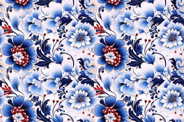 Blumenmuster mit nahtloser Textur mit roten blauen Blumen auf weißem Hintergrund für traditionelle Teppich- und Stoffdekorationen