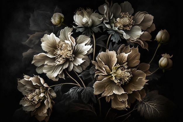 Blumenmuster schöne Blumen auf dunklem Hintergrund modernes gezeichnetes Bild wird mit Hilfe einer AI-Vorlage generiert Design-Elemente für Vintage-Karte Einladung Pflanzenblüte schwarz Botanische Kunst