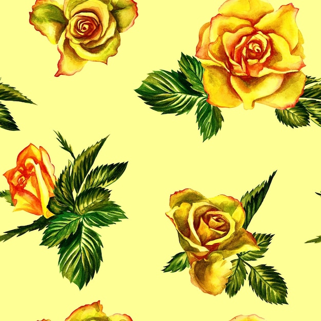 Blumenmuster von Rosen auf einem gelben Hintergrund. Aquarell-Illustration.