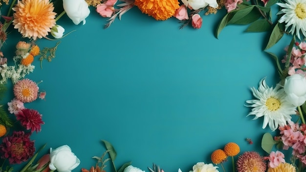 Blumenrahmen auf blauem Hintergrund, Kopierraum, flaches Lay-Mockup