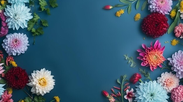 Blumenrahmen auf blauem Hintergrund, Kopierraum, flaches Lay-Mockup