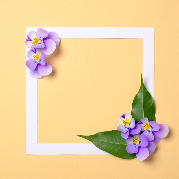 Blumenrahmen mit wilden Blütenblättern und Blättern auf hellgelbem Hintergrund. Draufsicht, zarte, minimale, flache Komposition.