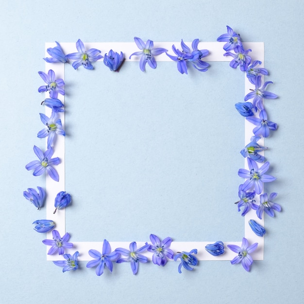 Blumenrahmenkonzept. Leerer Kreis mit leeren Blütenblättern mit blauen Blütenblättern. Minimalistische flache Komposition.