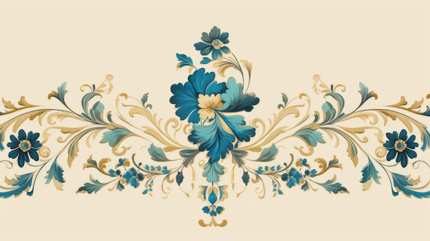 Blumenrand im Andrzej Sykut-Stil Blau-Gold dekorative Tapete