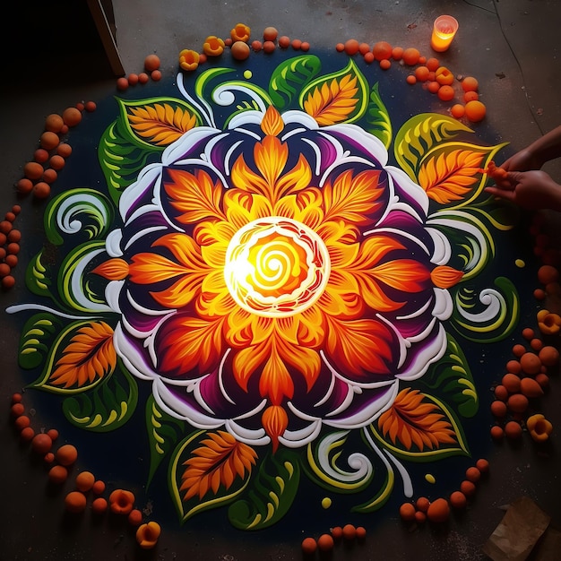 Blumenrangoli für Diwali oder Pongal, hergestellt mit Marigold oder Zendu Blumen Ai Generated