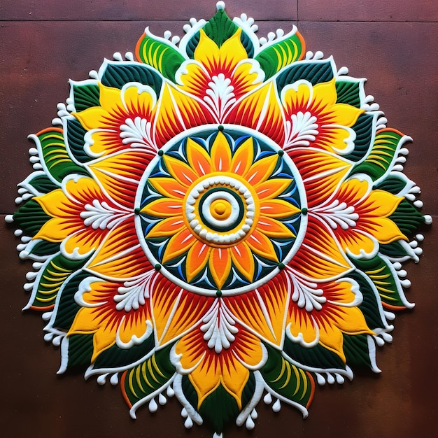 Blumenrangoli für Diwali oder Pongal, hergestellt mit Marigold oder Zendu Blumen Ai Generated