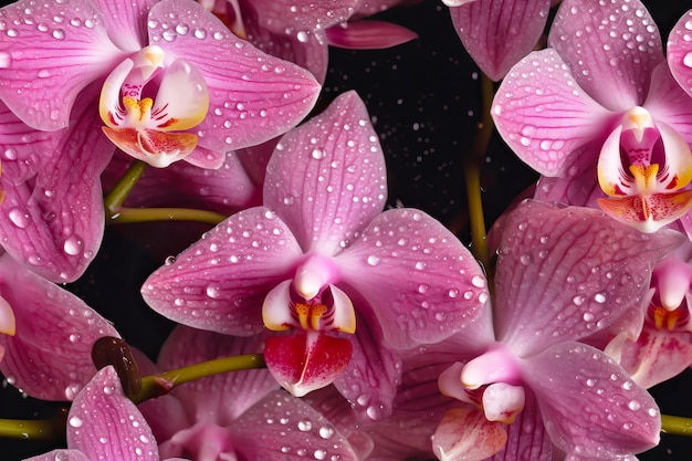 Blumenrosa Orchideenblüten nahtloses Muster Vorlage für Stoffe Textilien Papier Tapete Innendekoration Generative KI-Illustration