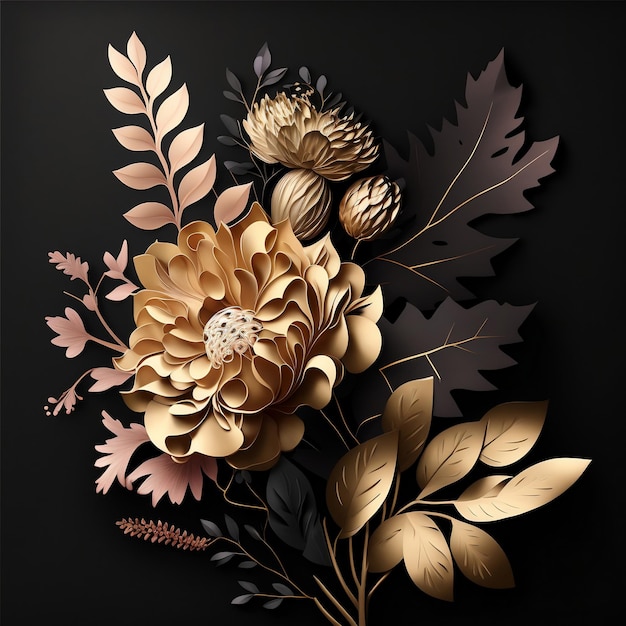 Blumenstrauß auf schwarzem Hintergrund Behance HD Gold Papierkunst generative KI