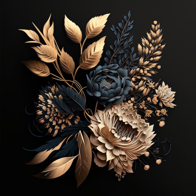 Blumenstrauß auf schwarzem Hintergrund, goldene Papierkunst, generative KI