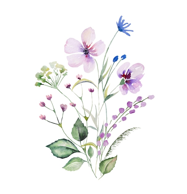 Blumenstrauß aus aquarellfarbenen Wildblumen und Blättern, Hochzeits- und Grußillustration