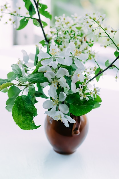 Blumenstrauß aus blühenden Vogelkirschenzweigen in Keramikvase auf weißem Holztisch