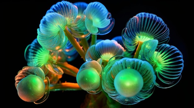 Blumenstrauß aus durchscheinenden Ovoiden mit generativer Neon-KI