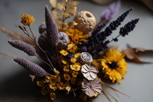 Blumenstrauß aus getrockneten gelben und violetten Blumen mit Platz zum Kopieren für die Raumdekoration. Platz für Text oder Werbung. Florale minimalistische Inneneinrichtung im Boho-Stil. Urlaubsfotozonen-Dekor im Boho-Stil. Selektiver Fokus