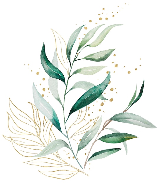 Blumenstrauß aus grünen und goldenen Aquarell-Eukalyptusblättern Hochzeitsillustration