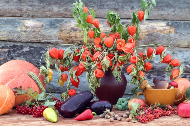 Blumenstrauß aus hellen Physalis mit Gemüse und Früchten, die auf dem Tisch auf einem hölzernen Hintergrund liegen, Seitenansicht, Herbststillleben