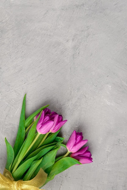 Blumenstrauß aus lila Tulpen auf grauem Betonhintergrund kopieren Raum