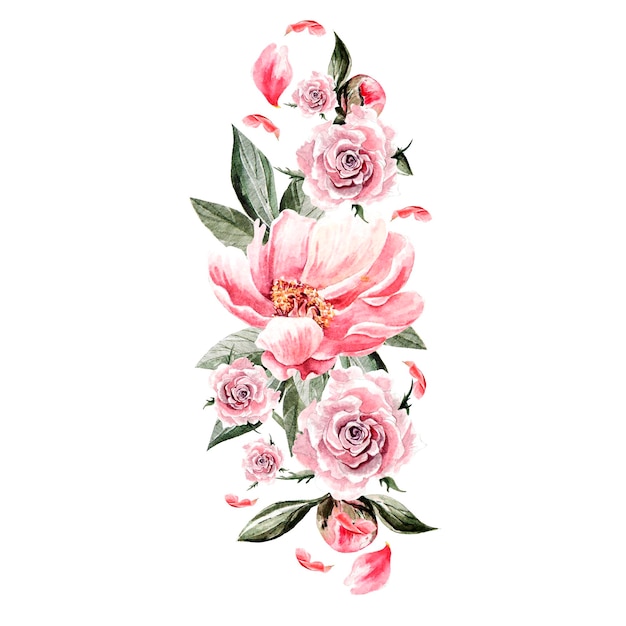 Blumenstrauß aus Pfingstrosen und Rosen Aquarell