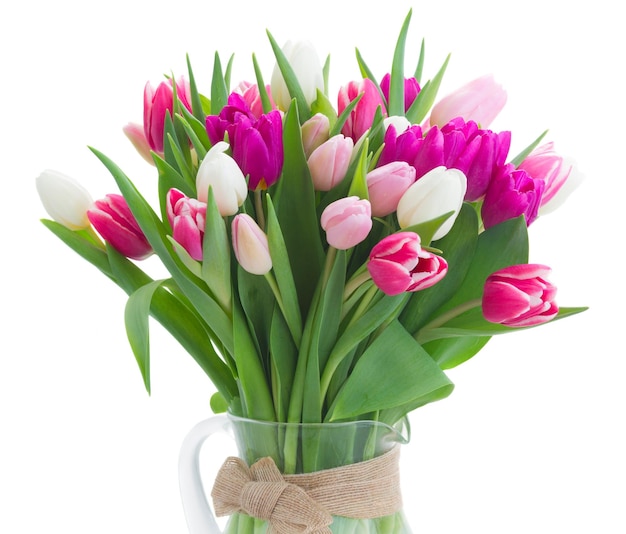 Blumenstrauß aus rosa lila und weißen Tulpen