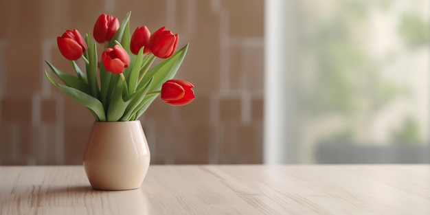 Blumenstrauß aus roten, schönen Tulpen in einer weißgoldenen Marmorvase auf einem Holztisch