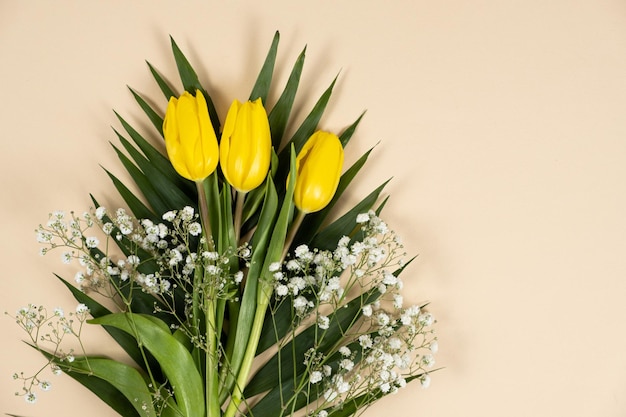 Blumenstrauß aus Tulpen und Schleierkraut auf beigem Hintergrund