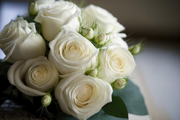 Blumenstrauß aus weißen Rosen in Soft-Fokus vor einem weißen Hintergrund