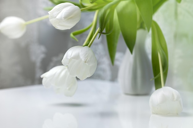 Blumenstrauß aus weißen Tulpen in einer weißen Vase auf einem weißen Tisch