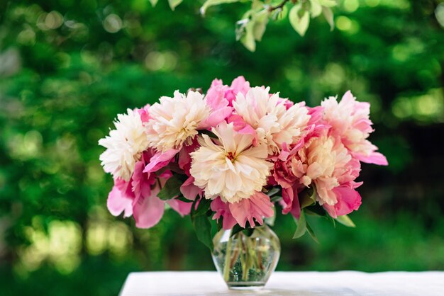 Blumenstrauß der rosa romantischen Pfingstrosenblumen in einer Glasvase