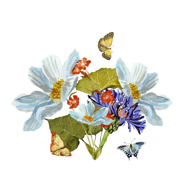 Foto blumenstrauß gänseblümchen schmetterling. eine aquarellillustration. isoliert auf weißem hintergrund.