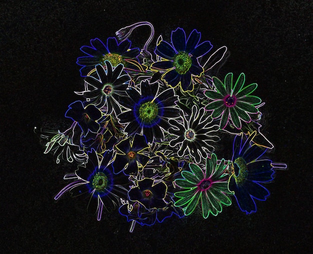 Blumenstrauß im Gravurstil auf schwarzem Hintergrund, für Design, Hintergrund, Postkartenkunst