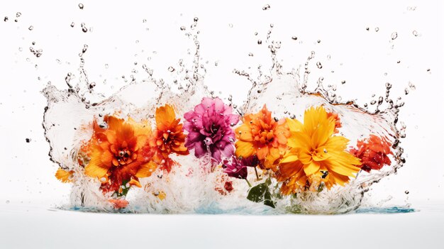 Blumenstrauß in bunten Wasserspritzern auf weißem Hintergrund Farben bunt