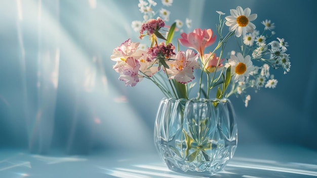 Blumenstrauß in einer Vase auf blauem Hintergrund mit Lichtstrahlen