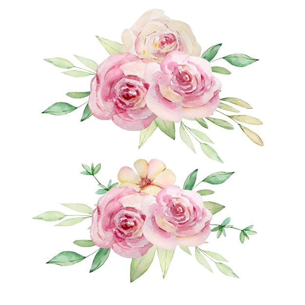 Blumenstrauß mit aquarellfarbenen rosa Blüten und grünen Blättern