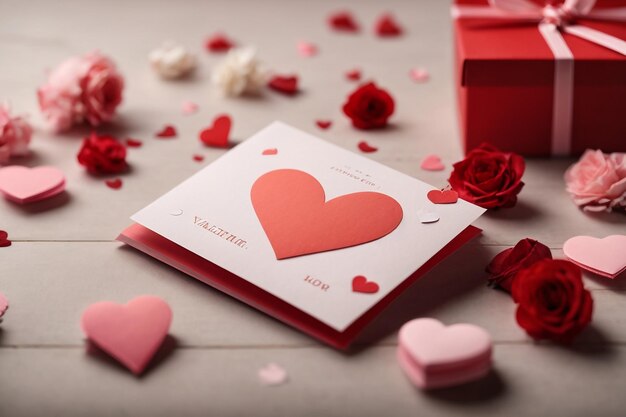 Blumenstrauß mit Rosen und Herzen auf weißem Hintergrund Valentinstagskarte