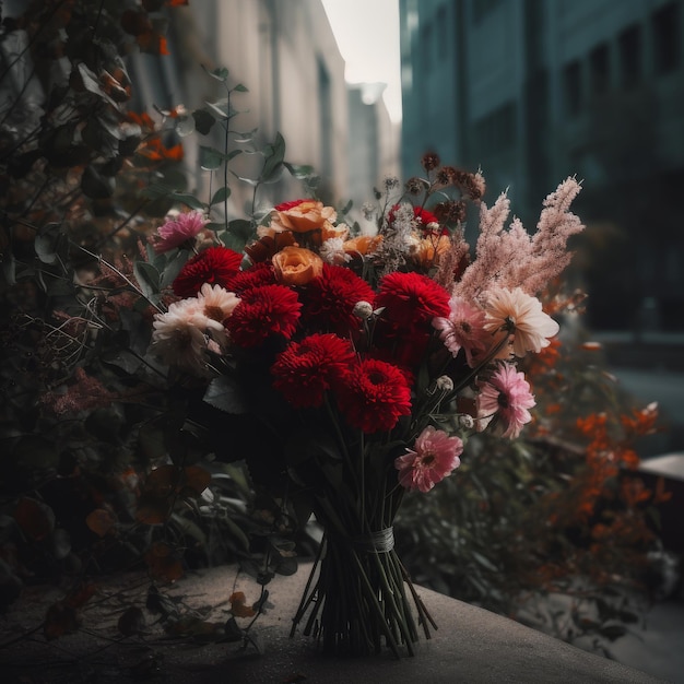 Blumenstrauß mit Stadtkulisse